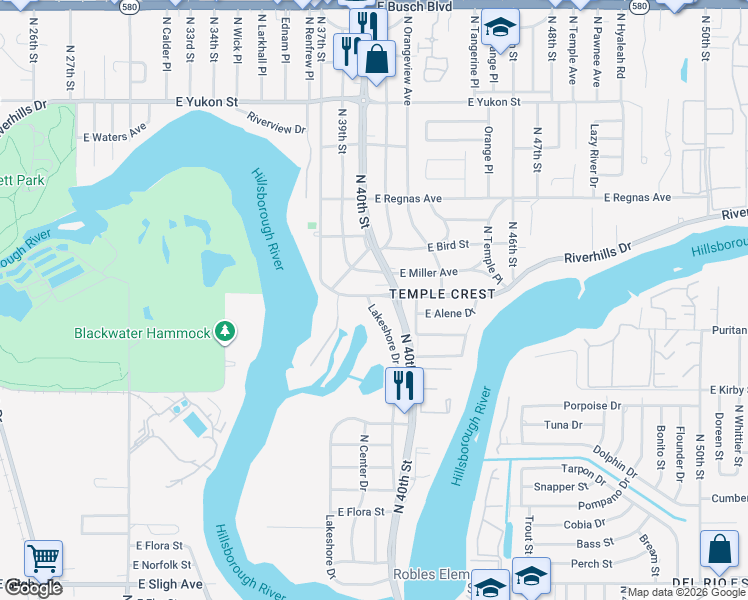 map of restaurants, bars, coffee shops, grocery stores, and more near 3819 Riverhills Drive in Tampa