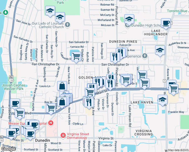 map of restaurants, bars, coffee shops, grocery stores, and more near 81 3rd Street in Dunedin