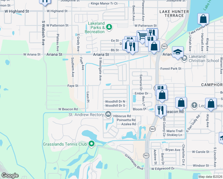 map of restaurants, bars, coffee shops, grocery stores, and more near Brookway Terrace in Lakeland