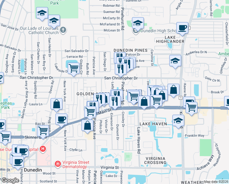 map of restaurants, bars, coffee shops, grocery stores, and more near 1323 Lady Marion Lane in Dunedin