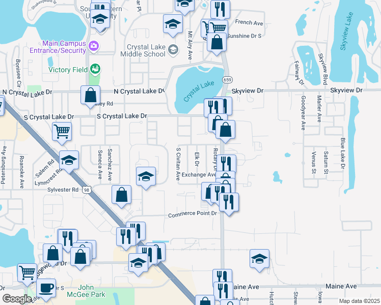 map of restaurants, bars, coffee shops, grocery stores, and more near 1724 Optimist Drive in Lakeland