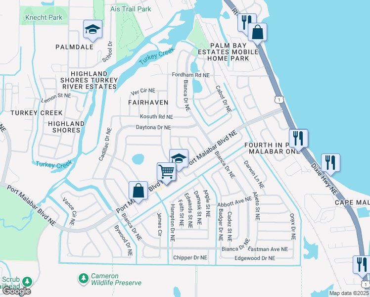 map of restaurants, bars, coffee shops, grocery stores, and more near 941 Vangi Lane Northeast in Palm Bay