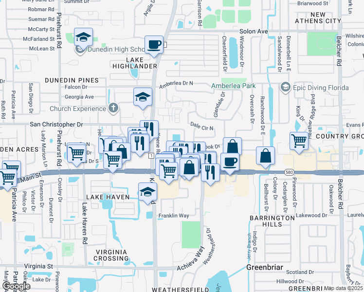 map of restaurants, bars, coffee shops, grocery stores, and more near 1198 Lazy Lake Road East in Dunedin
