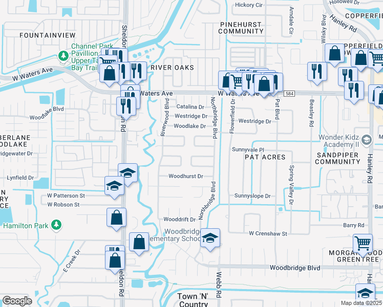 map of restaurants, bars, coffee shops, grocery stores, and more near 7930 Woodgrove Circle in Tampa