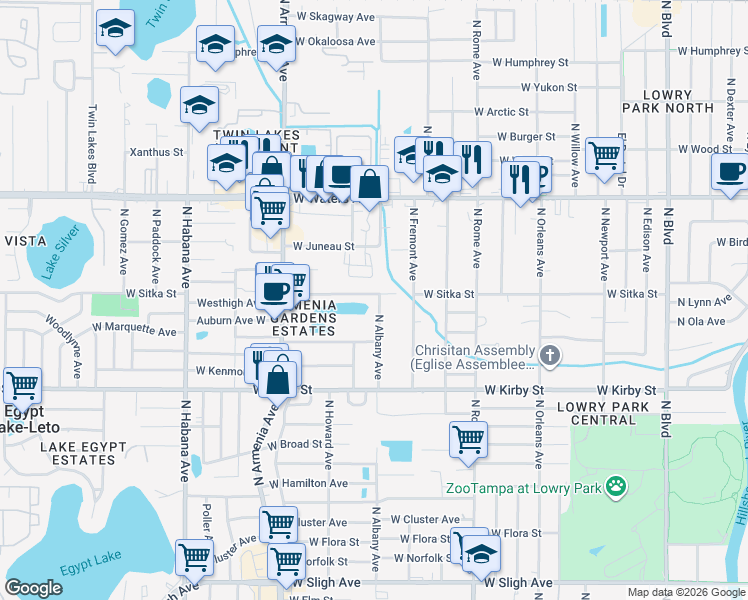 map of restaurants, bars, coffee shops, grocery stores, and more near 8122 North Albany Avenue in Tampa