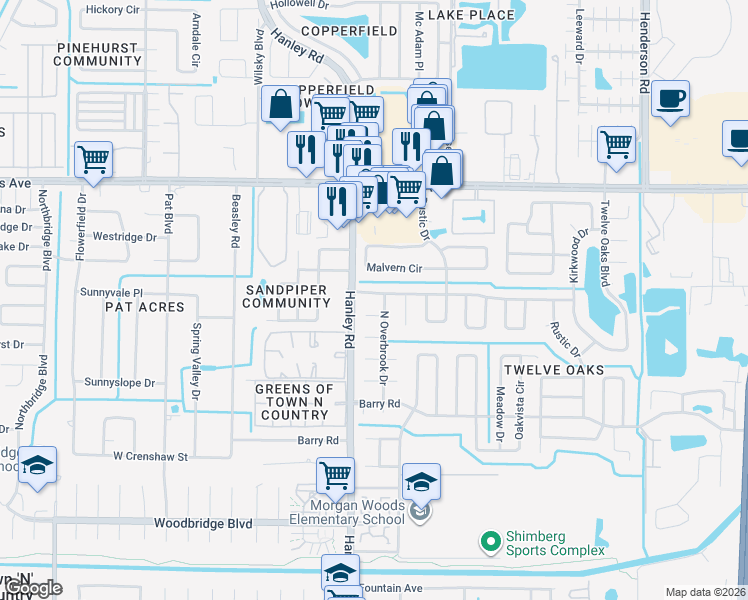 map of restaurants, bars, coffee shops, grocery stores, and more near 7526 Twelve Oaks Boulevard in Tampa