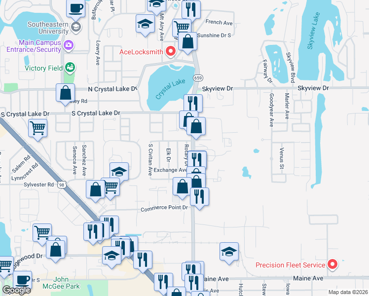 map of restaurants, bars, coffee shops, grocery stores, and more near 1723 Rotary Drive in Lakeland