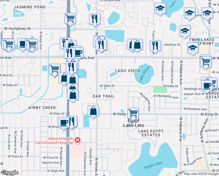 map of restaurants, bars, coffee shops, grocery stores, and more near 3408 Hunters Run Lane in Tampa