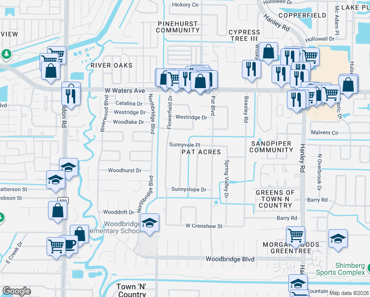 map of restaurants, bars, coffee shops, grocery stores, and more near 7920 Meadowcroft Place in Tampa
