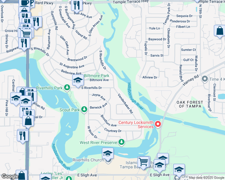 map of restaurants, bars, coffee shops, grocery stores, and more near 441 South Riverhills Drive in Tampa