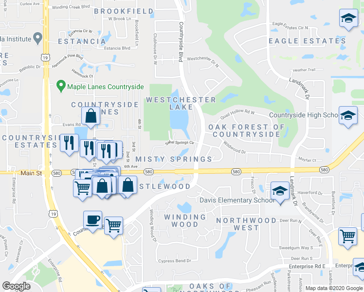 map of restaurants, bars, coffee shops, grocery stores, and more near 2673 Sabal Springs Circle in Clearwater