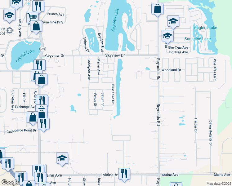 map of restaurants, bars, coffee shops, grocery stores, and more near 1726 Blue Lake Drive in Lakeland