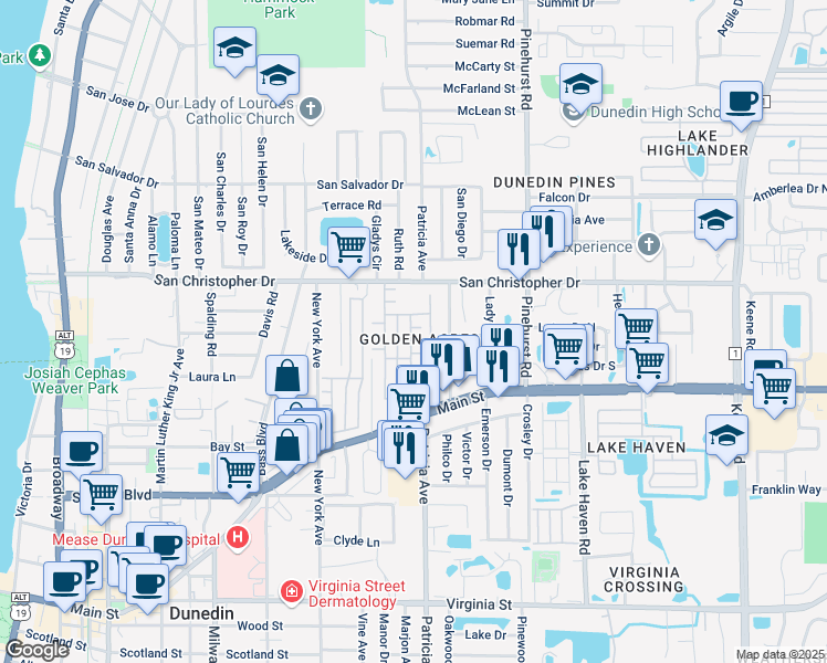 map of restaurants, bars, coffee shops, grocery stores, and more near 81 3rd Street in Dunedin