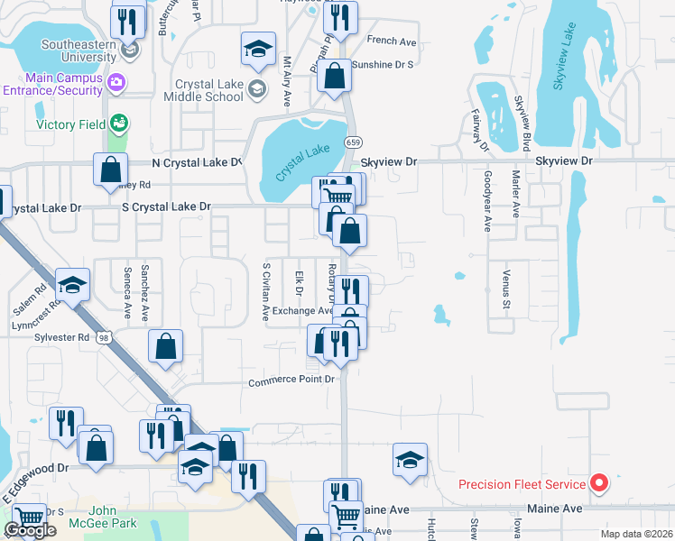 map of restaurants, bars, coffee shops, grocery stores, and more near 1724 Rotary Drive in Lakeland