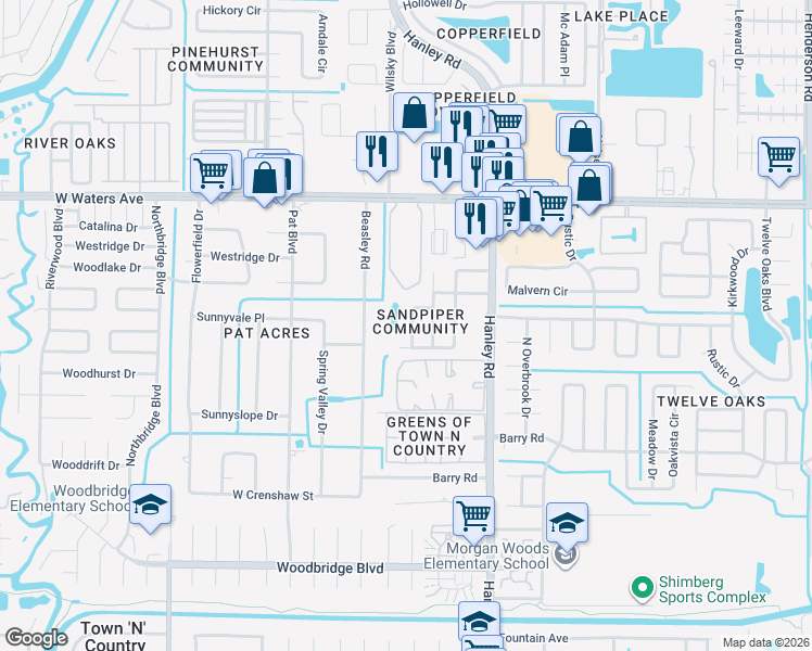 map of restaurants, bars, coffee shops, grocery stores, and more near 7908 Soaring Trail Lane in Tampa