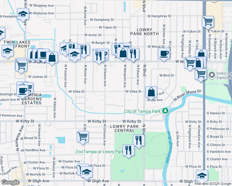 map of restaurants, bars, coffee shops, grocery stores, and more near 1302 West Sitka Street in Tampa