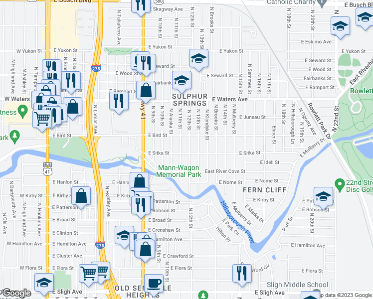 map of restaurants, bars, coffee shops, grocery stores, and more near 8104 North 12th Street in Tampa