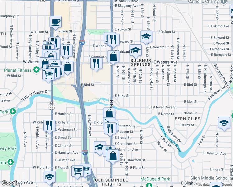 map of restaurants, bars, coffee shops, grocery stores, and more near 8104 North 9th Street in Tampa