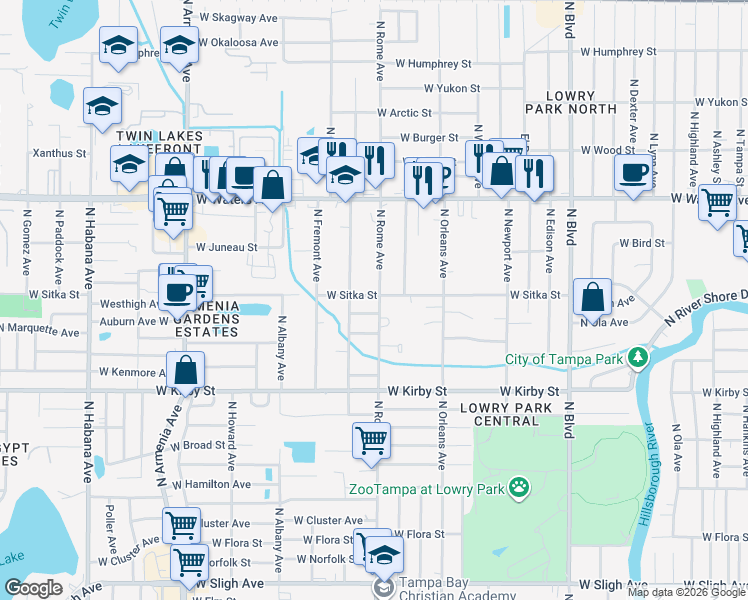 map of restaurants, bars, coffee shops, grocery stores, and more near 8008 North Rome Avenue in Tampa