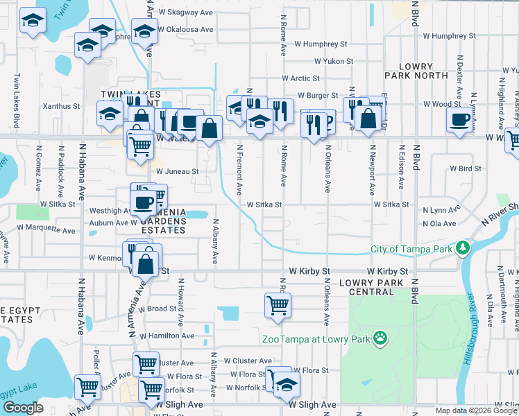 map of restaurants, bars, coffee shops, grocery stores, and more near 1802 W Sitka St in Tampa