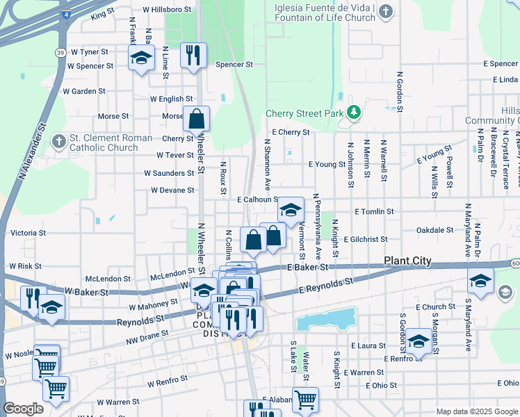 map of restaurants, bars, coffee shops, grocery stores, and more near 308 East Tomlin Street in Plant City
