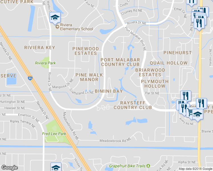 map of restaurants, bars, coffee shops, grocery stores, and more near 1160 Eleuthera Drive Northeast in Palm Bay