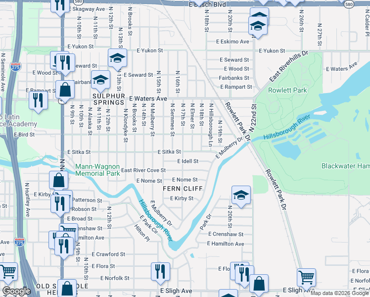 map of restaurants, bars, coffee shops, grocery stores, and more near 8101 North 17th Street in Tampa