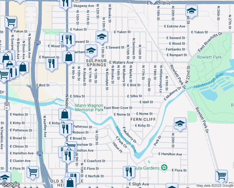 map of restaurants, bars, coffee shops, grocery stores, and more near 8104 North 14th Street in Tampa