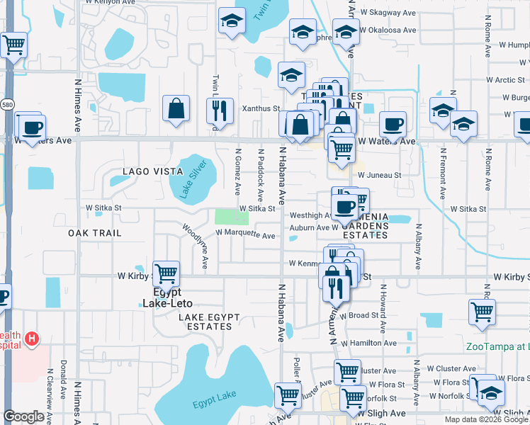 map of restaurants, bars, coffee shops, grocery stores, and more near 2810 West Sitka Street in Tampa