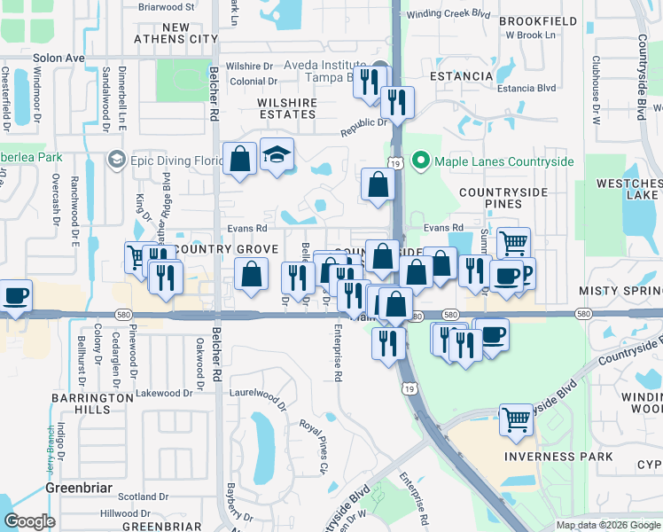 map of restaurants, bars, coffee shops, grocery stores, and more near 2755 Cypress Drive in Clearwater