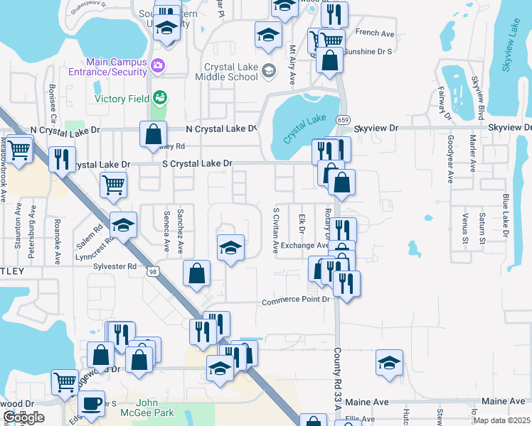 map of restaurants, bars, coffee shops, grocery stores, and more near 1756 Crystal Grove Drive in Lakeland