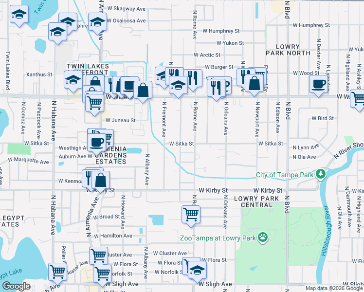 map of restaurants, bars, coffee shops, grocery stores, and more near 1716 West Sitka Street in Tampa