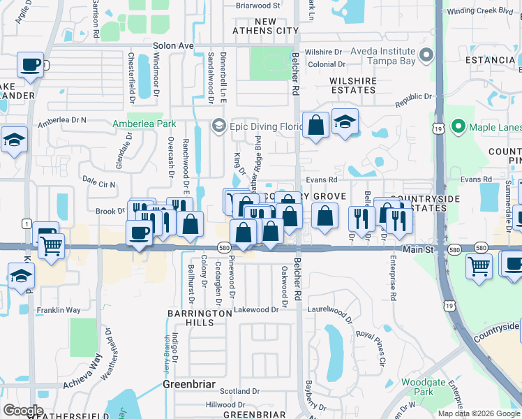 map of restaurants, bars, coffee shops, grocery stores, and more near 1371 Heather Ridge Boulevard in Dunedin