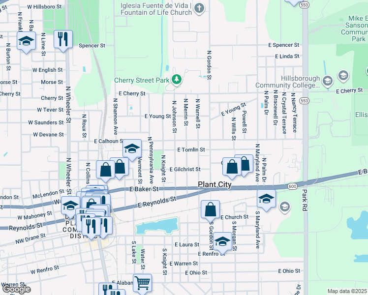 map of restaurants, bars, coffee shops, grocery stores, and more near 801 North Merrin Street in Plant City