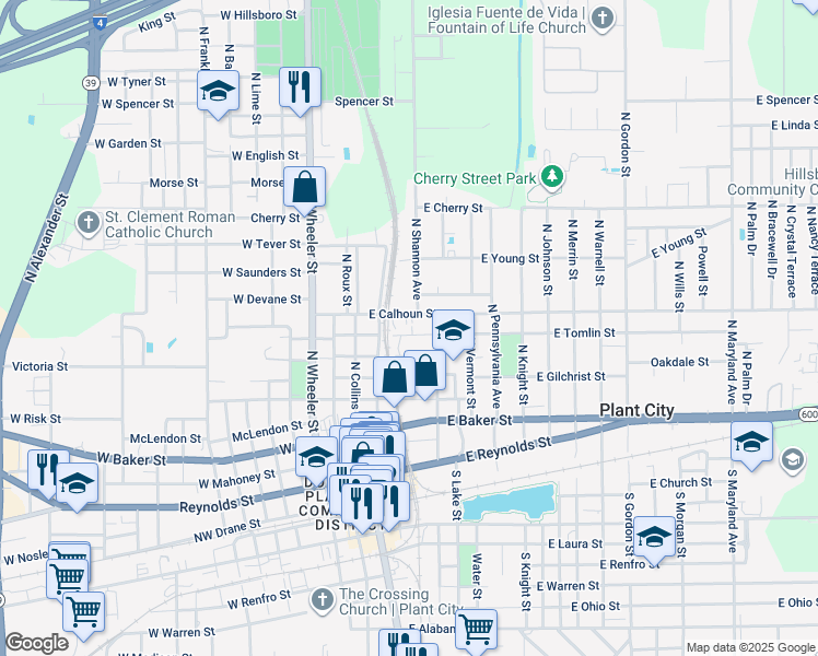 map of restaurants, bars, coffee shops, grocery stores, and more near 308 East Tomlin Street in Plant City