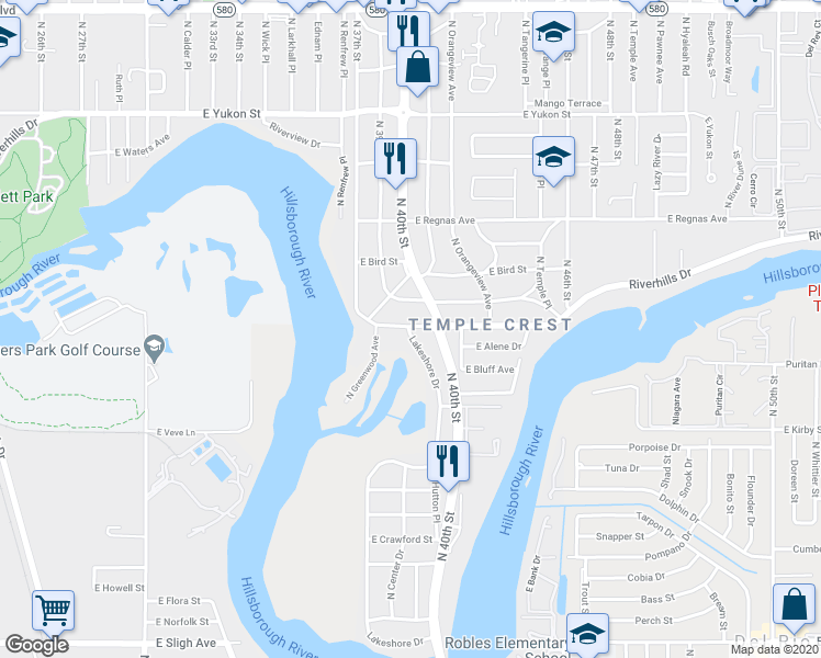 map of restaurants, bars, coffee shops, grocery stores, and more near 3819 Riverhills Drive in Tampa