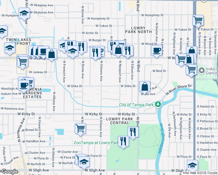 map of restaurants, bars, coffee shops, grocery stores, and more near 1302 West Sitka Street in Tampa