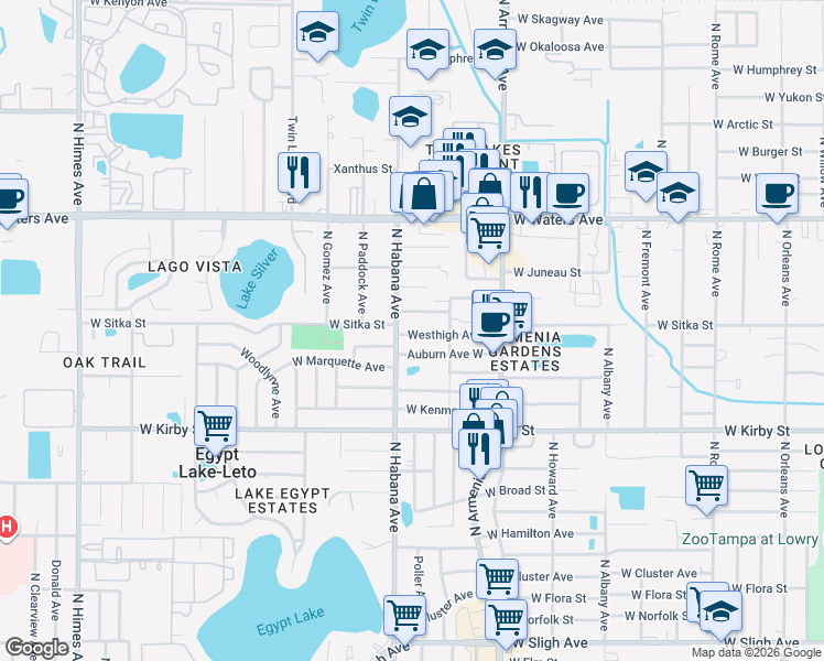 map of restaurants, bars, coffee shops, grocery stores, and more near 2705 Westhigh Avenue in Tampa