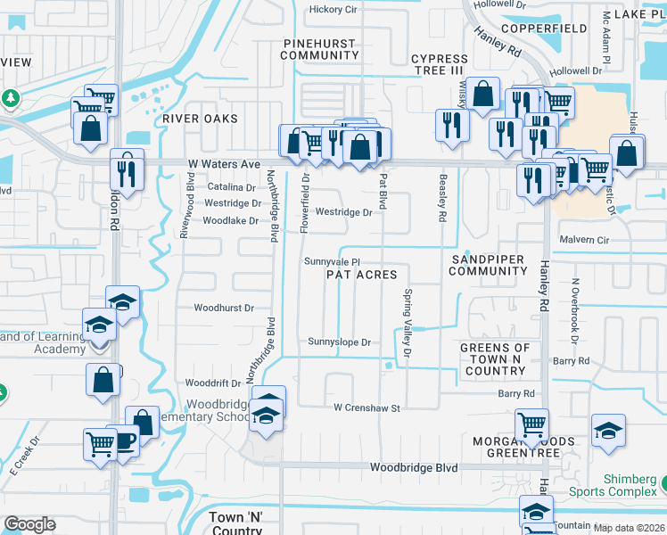 map of restaurants, bars, coffee shops, grocery stores, and more near 7920 Meadowcroft Place in Tampa