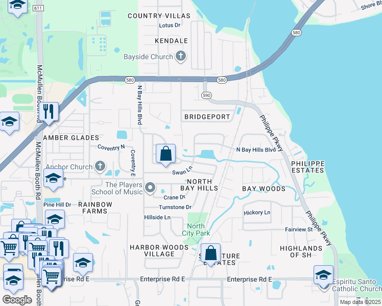 map of restaurants, bars, coffee shops, grocery stores, and more near 2140 North Bay Hills Boulevard in Safety Harbor