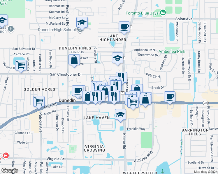 map of restaurants, bars, coffee shops, grocery stores, and more near 1340 Powderpuff Drive in Dunedin