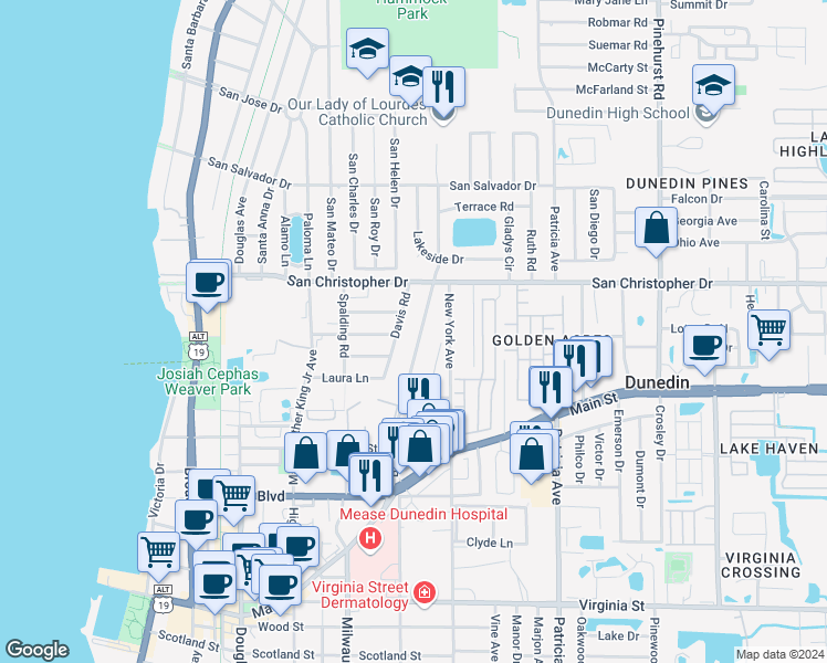 map of restaurants, bars, coffee shops, grocery stores, and more near 1243 Bass Boulevard in Dunedin