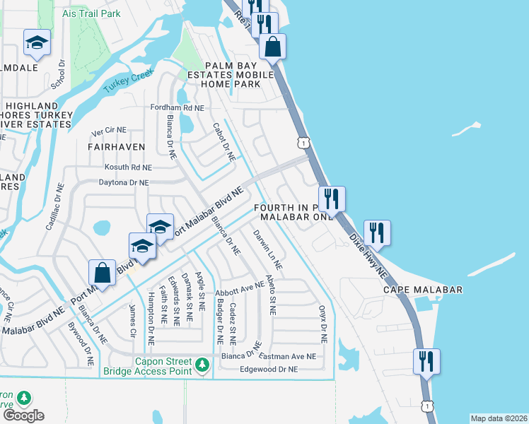 map of restaurants, bars, coffee shops, grocery stores, and more near 987 Burn Drive Northeast in Palm Bay
