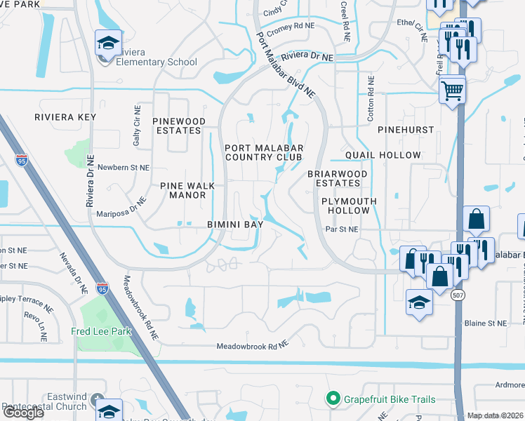 map of restaurants, bars, coffee shops, grocery stores, and more near 1070 Eleuthera Drive Northeast in Palm Bay