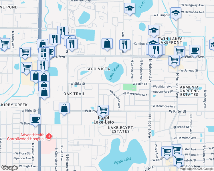 map of restaurants, bars, coffee shops, grocery stores, and more near 3226 West Sitka Street in Tampa