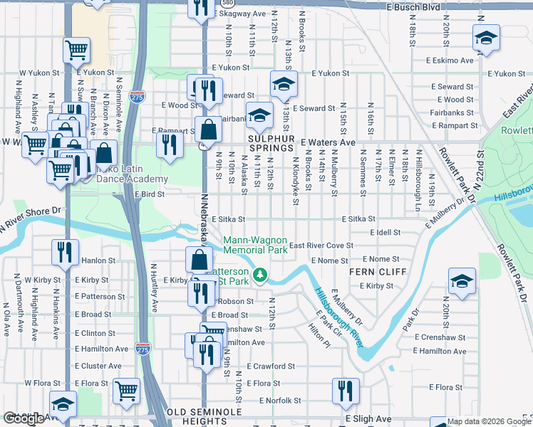 map of restaurants, bars, coffee shops, grocery stores, and more near 8104 North 12th Street in Tampa
