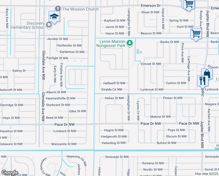 map of restaurants, bars, coffee shops, grocery stores, and more near 1253 Giralda Circle Northwest in Palm Bay