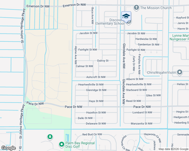 map of restaurants, bars, coffee shops, grocery stores, and more near 1805 Ashcroft Street Northwest in Palm Bay