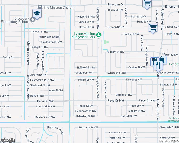map of restaurants, bars, coffee shops, grocery stores, and more near 1223 Giralda Circle Northwest in Palm Bay