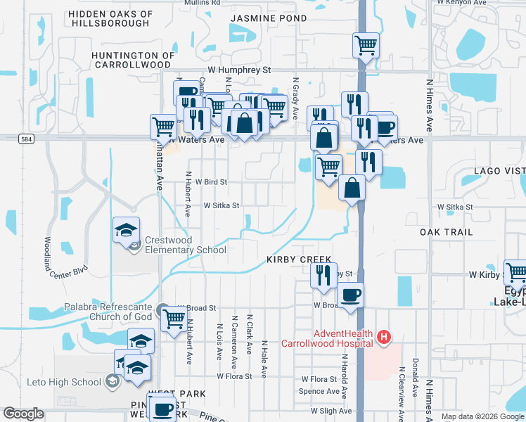 map of restaurants, bars, coffee shops, grocery stores, and more near 8022 North Hale Avenue in Tampa